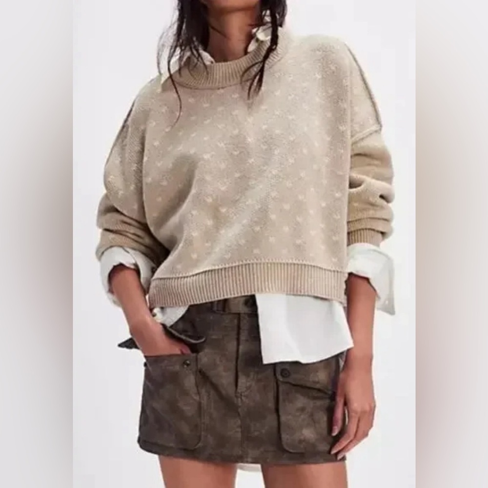 Free People Beige Textured Crew Neck Sweater